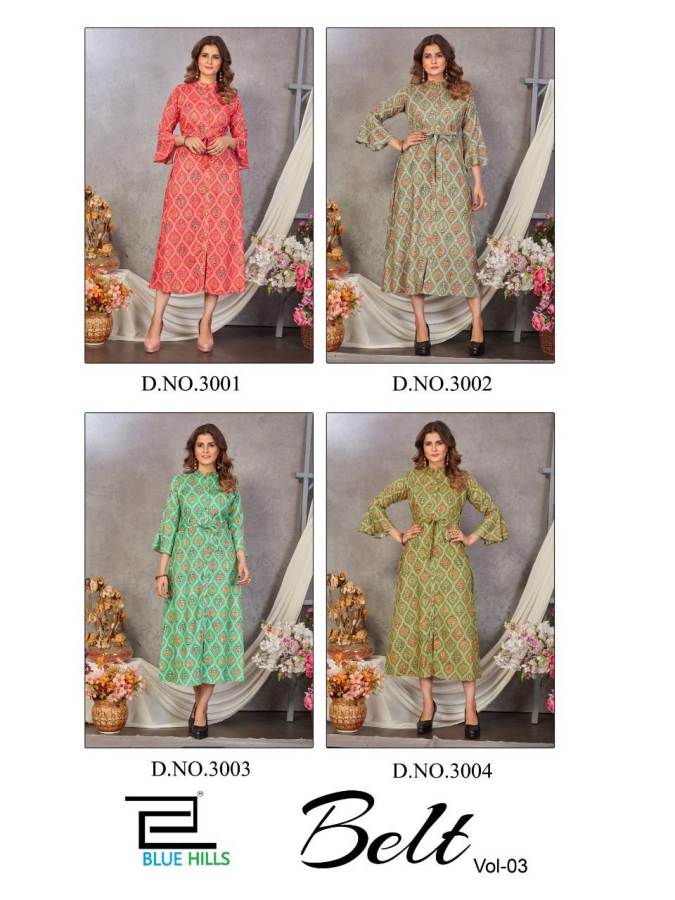 Blue Hills Belt 3 Fancy Party Wear Printed Rayon Designer Long Kurti Collection